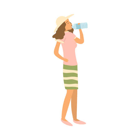 Cute young girl in summer hat drinking cold waterのイラスト素材