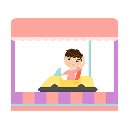 Happy smiling kid is riding a yellow radio carのイラスト素材