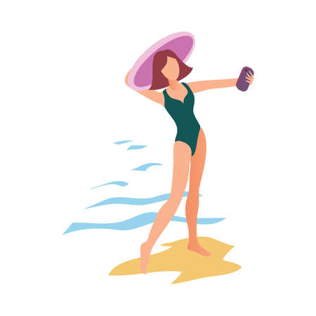 Cute sexy woman in swimwear and beach hat make selfieのイラスト素材