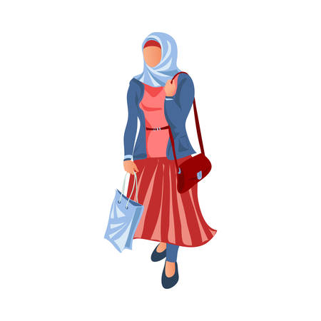 Muslim woman in long red dress was at shopping mallのイラスト素材