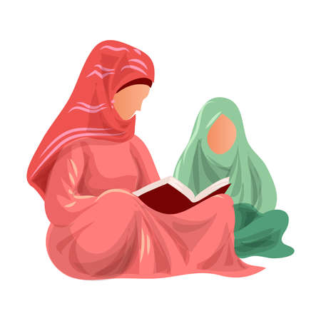 Muslim mother in red clothes read Koran to her daughter in green clothes. Cartoon style. Vector illustration on white backgroundのイラスト素材