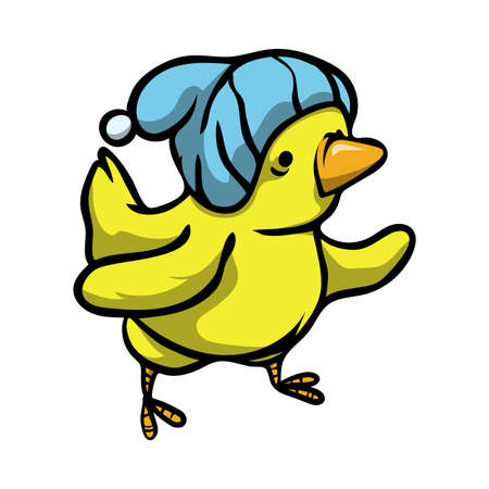 Cute funny yellow bird with different emotions and a hat on his head.のイラスト素材