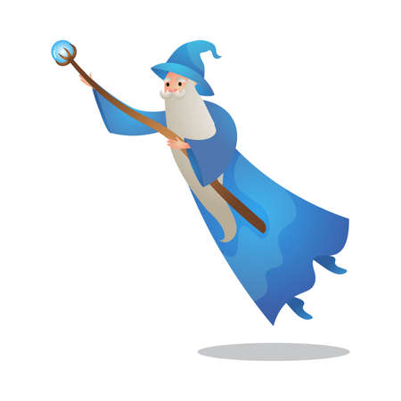 Wizard character in action poses with the wand. Colorful raster illustration in flat cartoon styleのイラスト素材