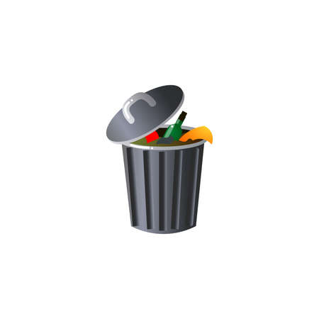 Steel garbage container with trash. Raster illustration in flat cartoon style on white backgroundのイラスト素材