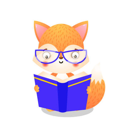 Fox character sitting and reading a book. Raster illustration in flat cartoon style on white backgroundのイラスト素材