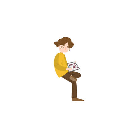 An artist paints a picture. Raster illustration isolated on white backgroundのイラスト素材