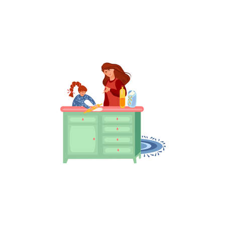 Hand drawn mother teaching her daughter to cook dough in kitchen over white background vector illustration. Family everyday life conceptのイラスト素材