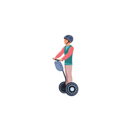 A young man with helmet rides on a self-balancing electric scooter. Isolated vector icon illustration on white background in cartoon style.のイラスト素材
