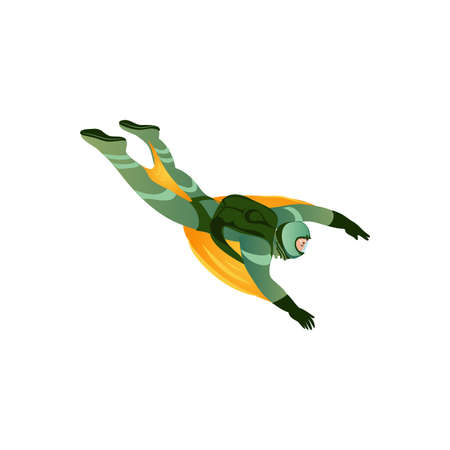 Wingsuit man flying through the air. Professional skydiver. Isolated vector icon illustration on white background in cartoon style.のイラスト素材
