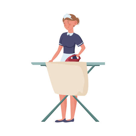 Woman maid in special blue uniform ironing linens vector illustrationのイラスト素材