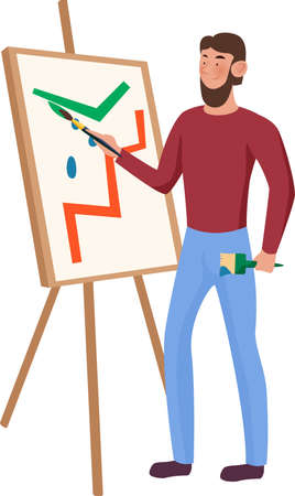 Bearded artist in a red shirt and blue pants paint on the easel. Vector illustration on a white background.のイラスト素材