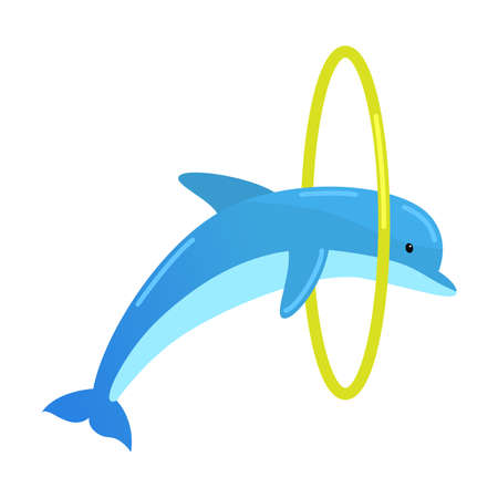 Blue dolphin jumping through the yellow ring. Vector illustration isolated on white backgroundのイラスト素材