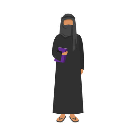 Arab man in traditional ethnic black wear holding a book. Vector illustration in flat cartoon styleのイラスト素材