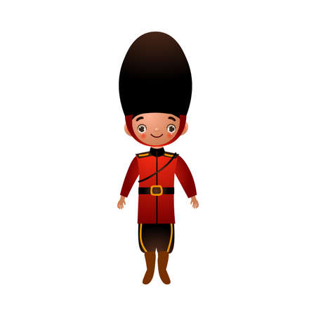 Beefeater English soldier in traditional red clothes with long black hat. Vector illustration in flat cartoon styleのイラスト素材