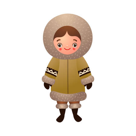 Eskimo girl in traditional ethnic winter clothes. Vector illustration in flat cartoon style.のイラスト素材