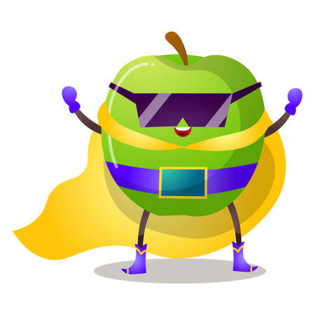 Funny superhero humanized apple in black glasses and yellow cloak. Vector illustration isolated on white backgroundのイラスト素材