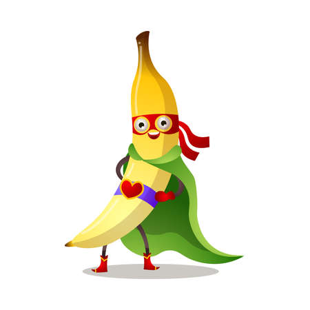 Funny superhero humanized banana in a green cloak and red mask. Vector illustration isolated on white backgroundのイラスト素材