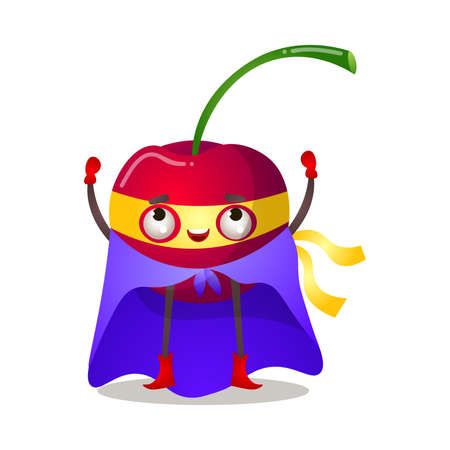 Funny superhero humanized cherry in a yellow mask and purple cloak. Vector illustration isolated on white backgroundのイラスト素材