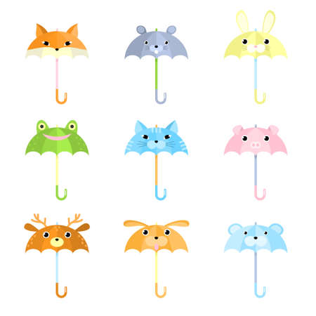 Set of cartoon funny umbrellas with animal faces vector illustrationのイラスト素材