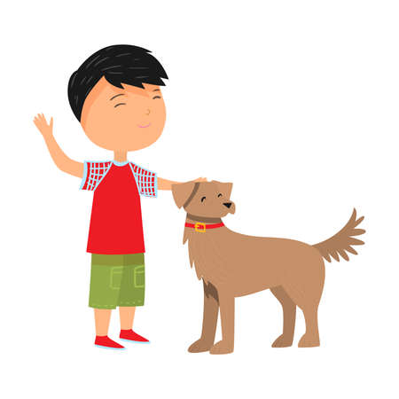 boy petting his dog pet in red collar vector illustrationのイラスト素材