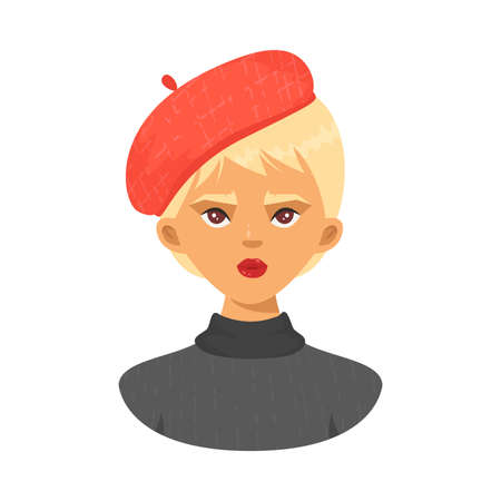 Blond short haired fashion girl wearing red beret vector illustrationのイラスト素材