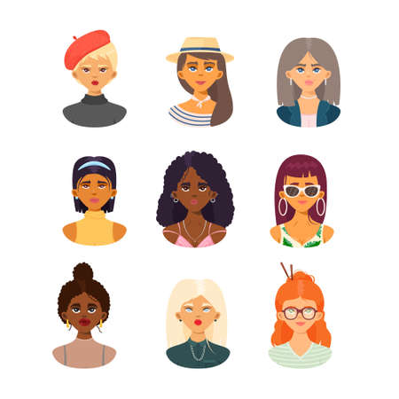 Fashion girls faces of various nationalities and styles vector illustrationのイラスト素材