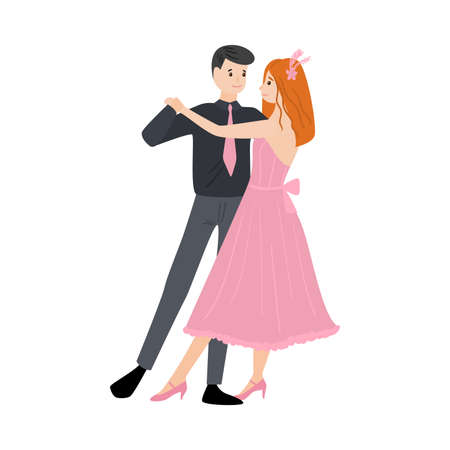 Dancing pair of man in a shirt with a tie and red-haired girl in a long pink dress. Vector illustration in flat cartoon style.のイラスト素材
