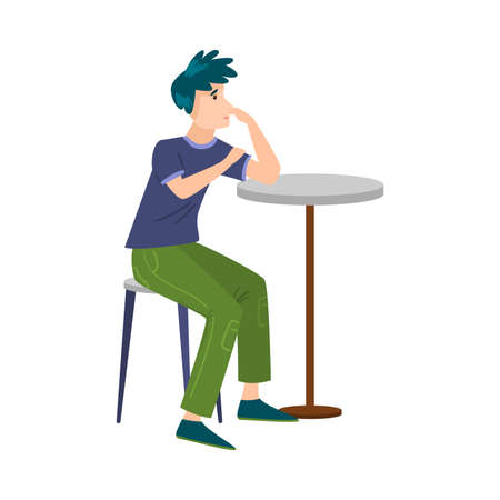 The cute blue-haired man in green pants sitting at a table on a chair thinking of something. Vector illustration in flat cartoon style.のイラスト素材
