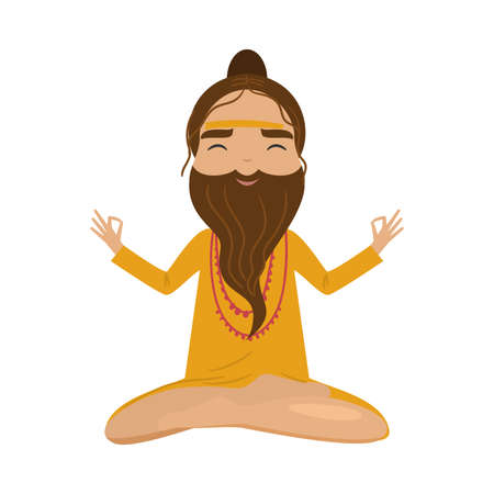 Meditating old yogi man in yellow clothes sitting in a lotus position. Vector illustration in flat cartoon style.のイラスト素材