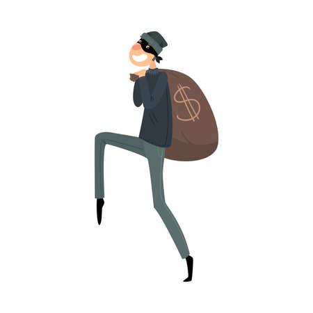 Sneaking thief in mask and black suit with a bag of money. Vector illustration in flat cartoon style.のイラスト素材