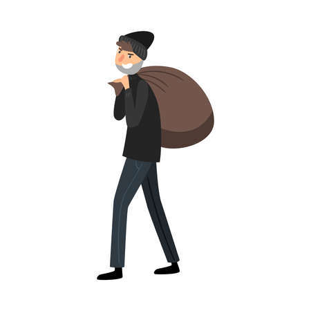 Thief in black clothes with a bag of loot. Vector illustration in flat cartoon style.のイラスト素材