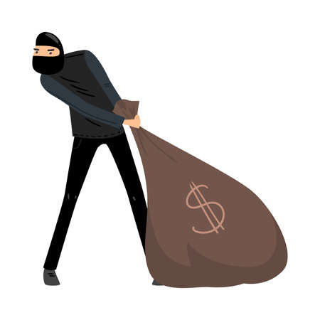 Thief in black mask pulls a bag of money. Vector illustration in flat cartoon style.のイラスト素材
