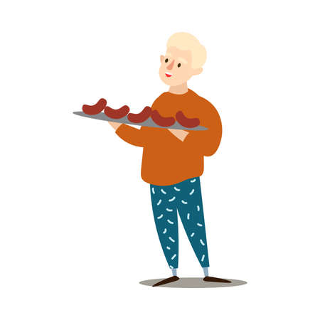 Hand drawn boy in sweater holding big plate with grilled sausages barbecue in hands over white background vector illustration. Healthy grilled food and lifestyle conceptのイラスト素材