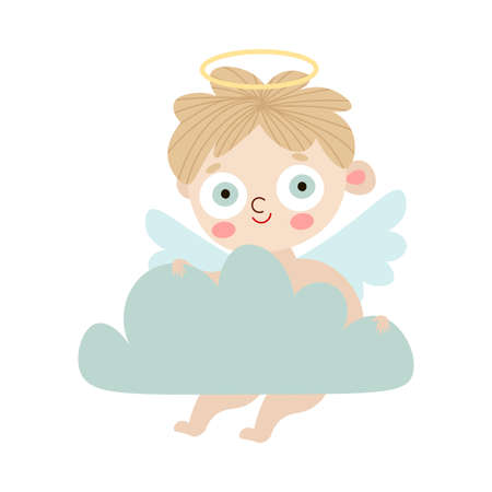 Hand drawn small blond kid angel with wings and halo holding blue cloud over white background vector illustration. Happy children illustrations conceptのイラスト素材