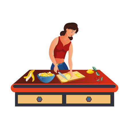 Cute girl cuts a lemon with bananas on a plank. Healthy food preparation process concept. Isolated vector illustration on white background in cartoon style.のイラスト素材