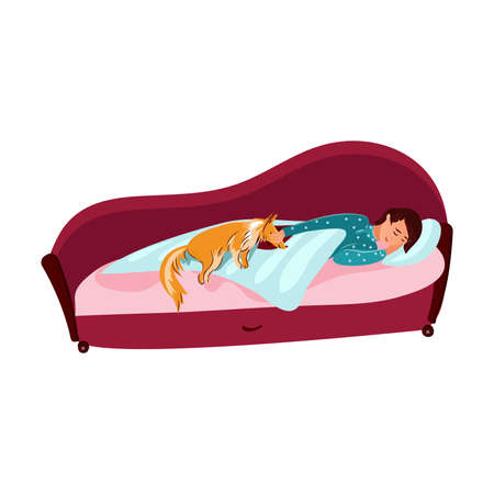 Girl sleeping with her red collie dog together vector illustrationのイラスト素材