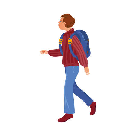 Brown-haired camper boy in the sweater with a backpack. Vector illustration in flat cartoon style.のイラスト素材