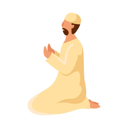Muslim man prays in traditional white clothes with skullcap. Vector illustration in flat cartoon styleのイラスト素材