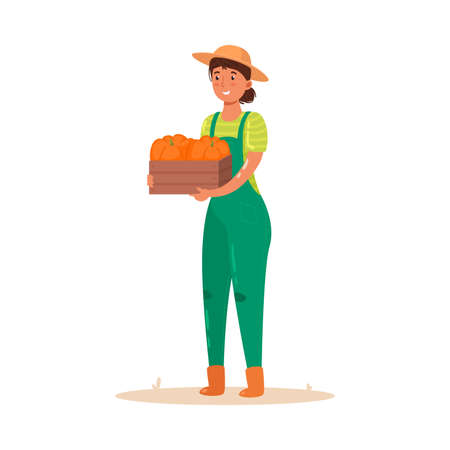 Girl farmer holding a wooden box with a crop of vegetables. Vector illustration in flat cartoon style.のイラスト素材