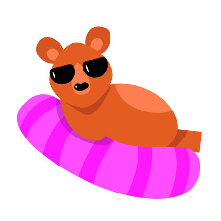 A humanized cute brown bear in sunglasses lies on a pink mattress.のイラスト素材