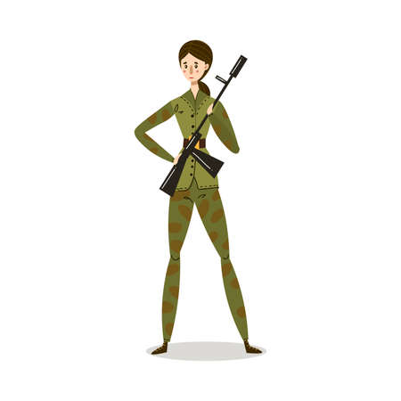 Woman in elegant military uniform standing with gun illustrationのイラスト素材