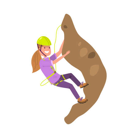 Smiling girl alpinist in green helmet climbing hill illustrationのイラスト素材