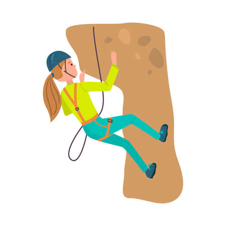Girl alpinist in blue helmet climbing hill illustrationのイラスト素材