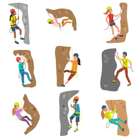 Set of girls and boys alpinists climbing hills illustrationのイラスト素材
