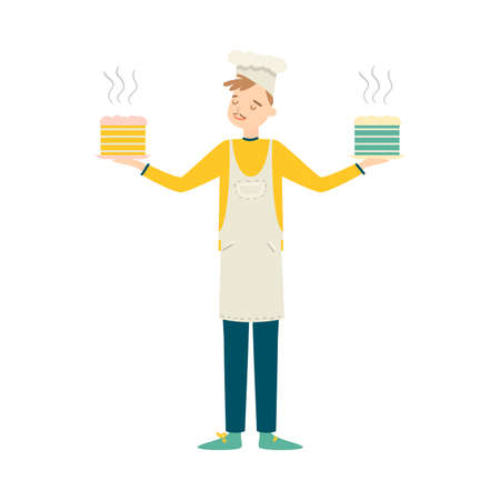 Boy holding freshly cooked cakes in hands illustrationのイラスト素材
