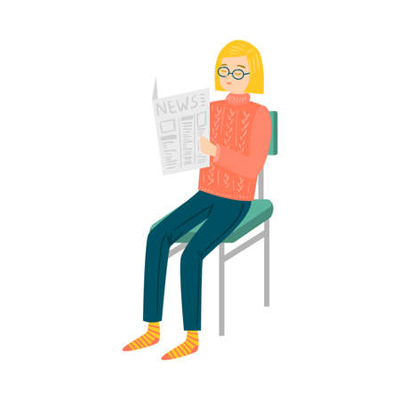 Girl sitting on chair and reading newspaper illustrationのイラスト素材