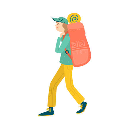 Young man with backpack going for camping illustrationのイラスト素材