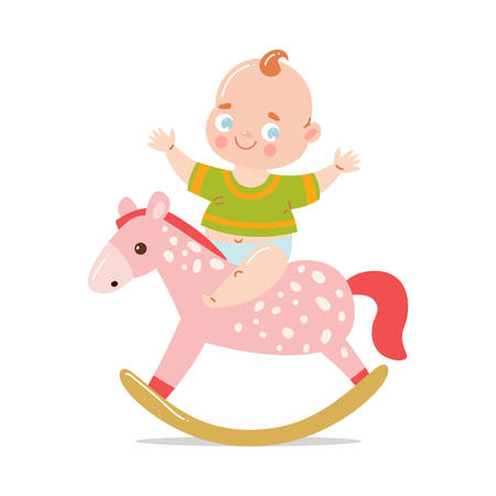 Cute happy smiling baby in green t-shirt riding a toy wooden horse.のイラスト素材
