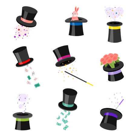 Set of black magic hats with miracles illustrationのイラスト素材