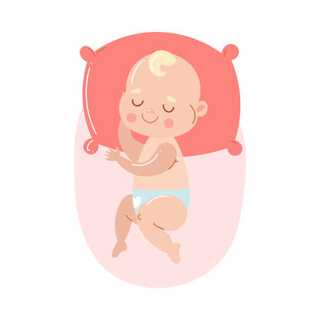 Cute happy baby in white underpants sleeping on a red pillow.のイラスト素材